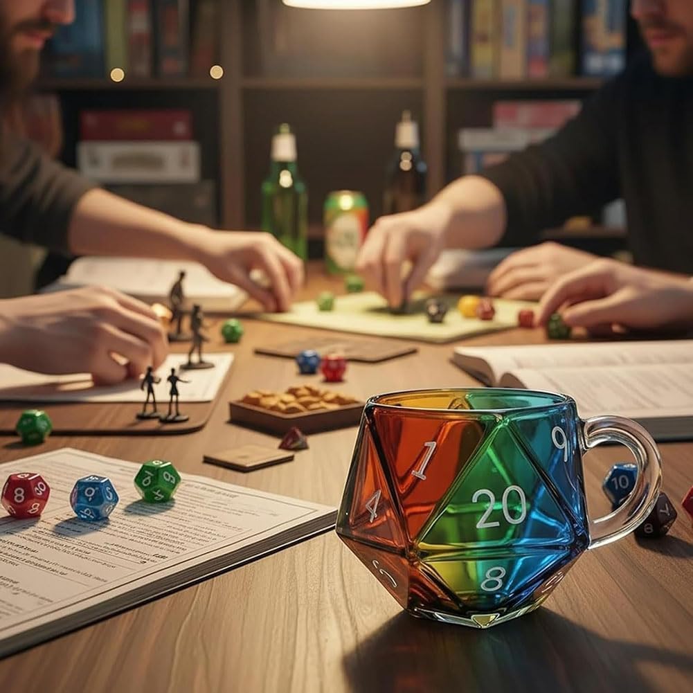Rainbow D20 Dice Mug, Polyhedral Dice Coffee Cup with Handle, Transparent Glass Game Mug for RPG Lovers, Game Theme Drinkware for Enthusiasts (Rainbow,2pcs)