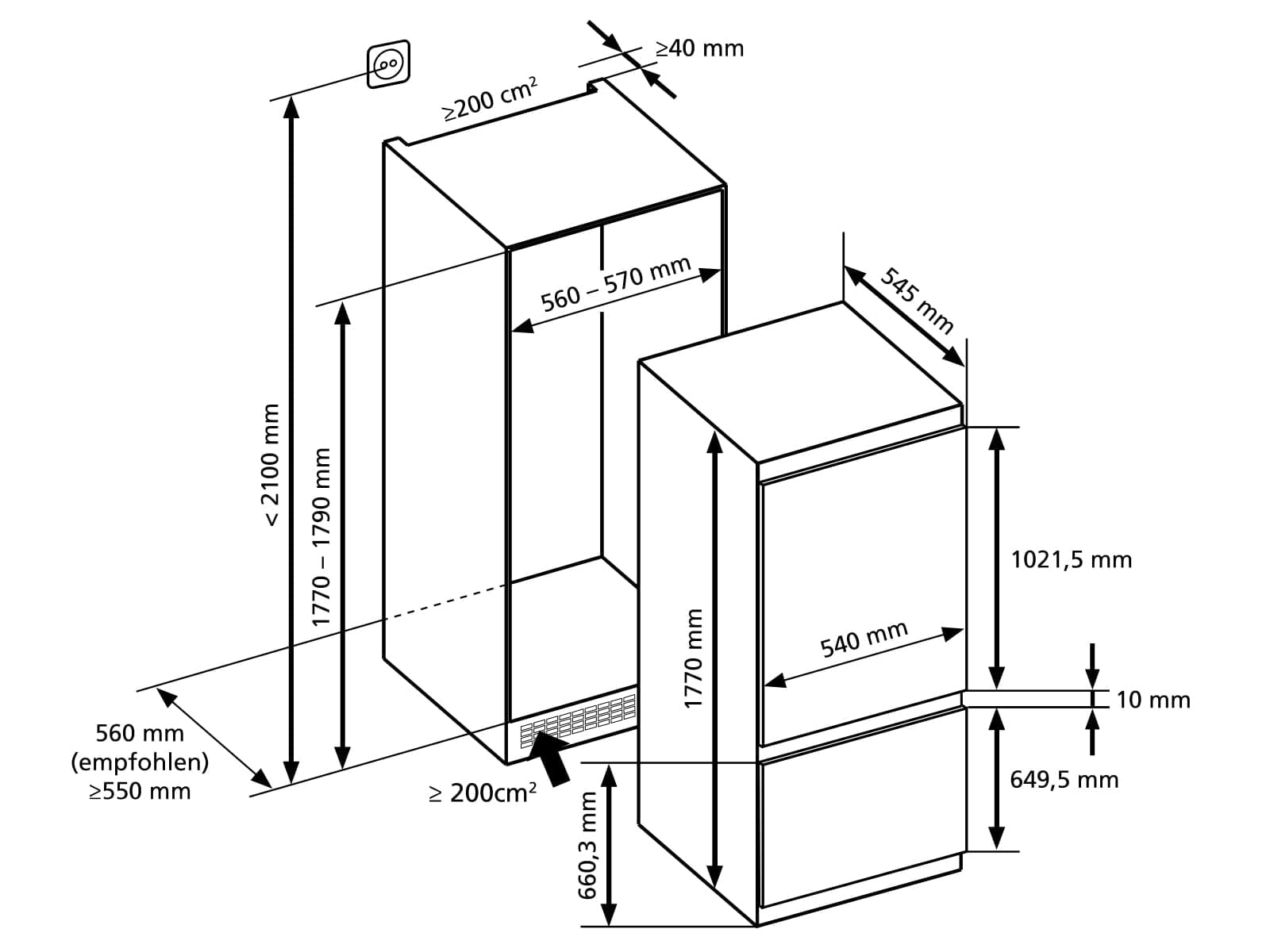Oranier Einbau Kühl-Gefrier-Kombination 178 cm - Einbau-Kühlschrank mit 2 Frost-Schubladen - 243 Liter Volumen - Festtür Anschlag wechselbar EKG478
