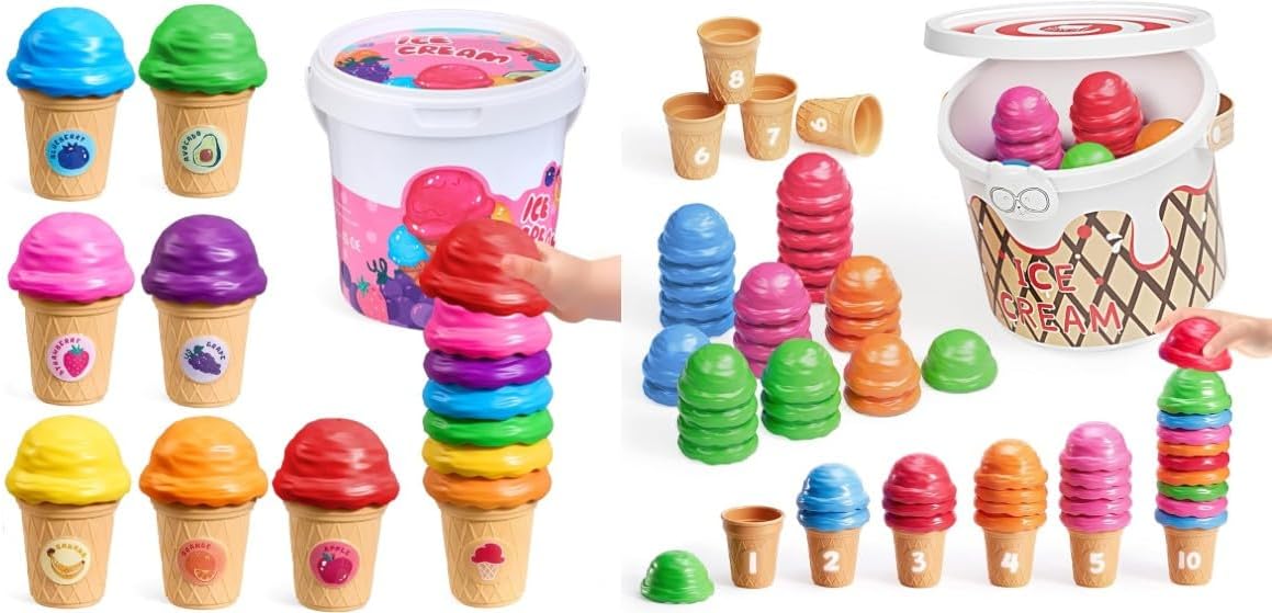 JoyCat Ice Cream Toys for Toddlers 1+, Ice Cream Preschool Learning Activities Counting Toys for Kids 3-5, Color Recognition Sorting Stacking Play Set, Pretend Play Food for Kids Gifts, Fine Motor Sk