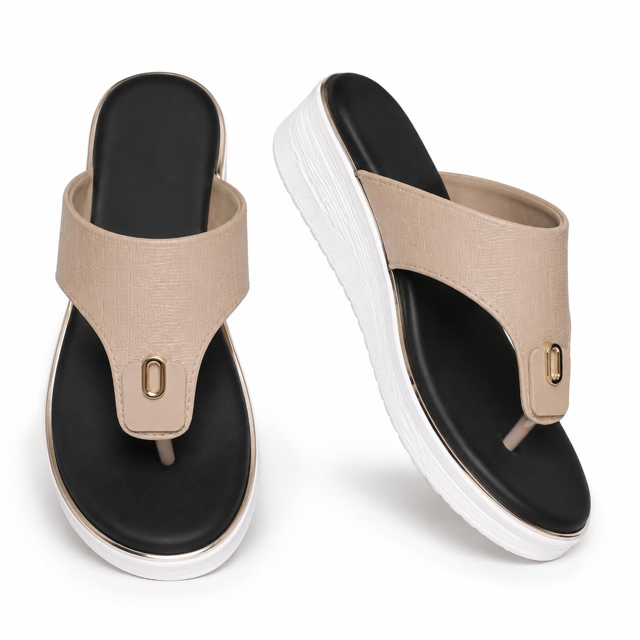 Women's Beige Wedge Toe Ring Slippers | Soft Cushioned Comfortable Slip-On Sandals | Lightweight Anti-Slip Casual Daily Wear Footwear | Fashion Platform Slides for Women-picture-29