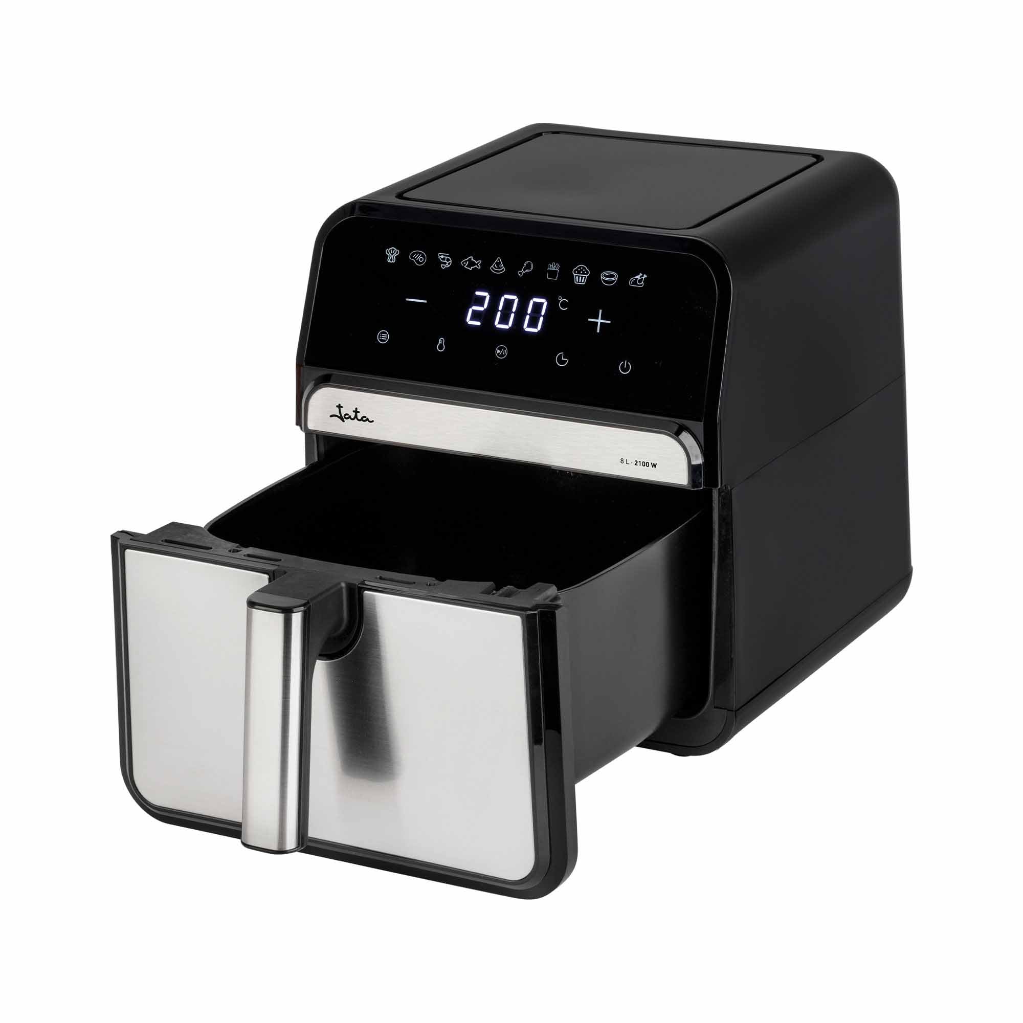 JATA JEFR1242 - Freidora de Aire sin Aceite de 8 L. Air Fryer 2100 W. 10 Programas Automáticos. Panel Táctil Intuitivo. Hasta 200ºC. Temporizador 60 minutos. Freír, Hornear, Asar, Deshidratar