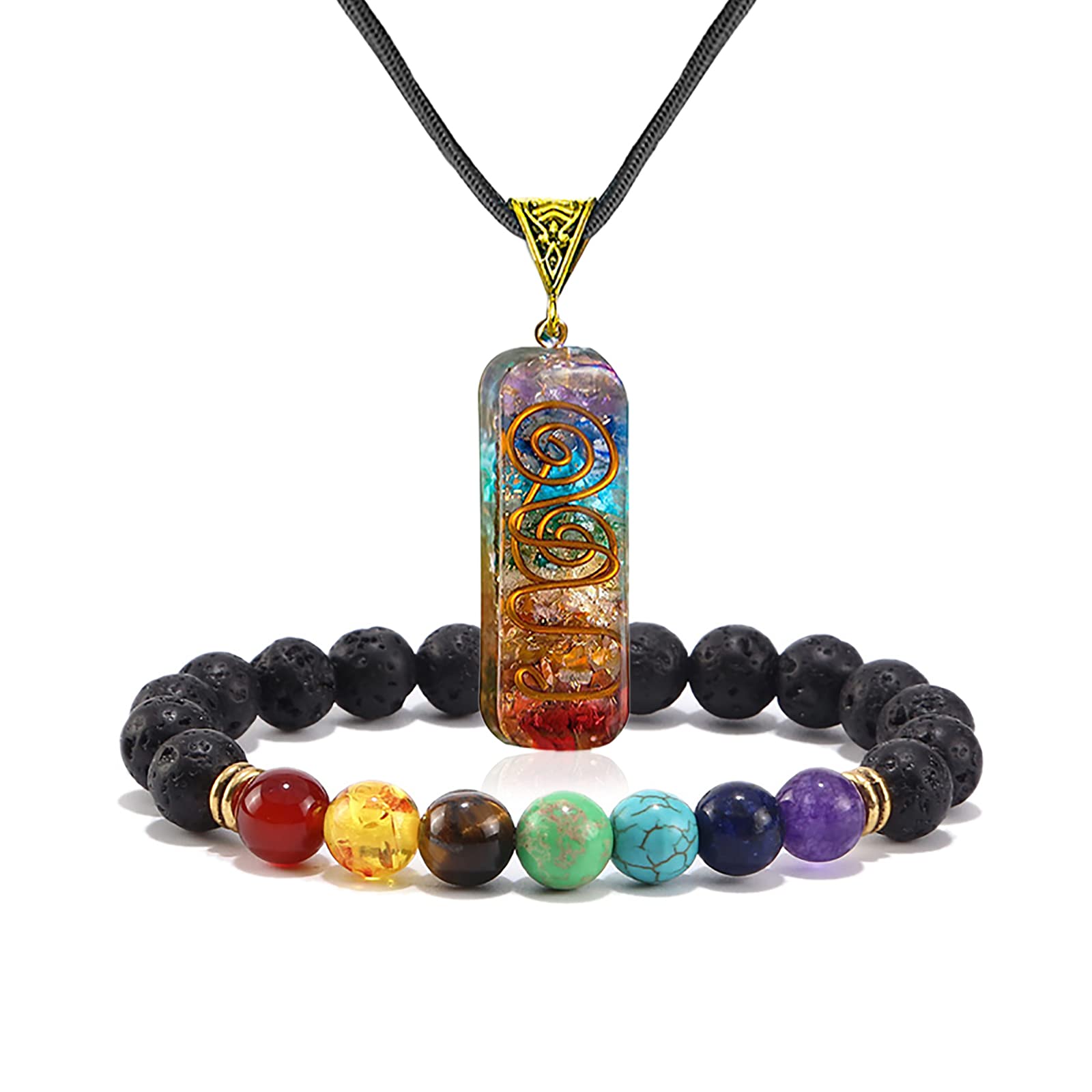 COLORFUL BLING Healing Crystals Gemstone Chakra Om Symbol Pendant Necklace Lava Rock Bracelet Set Prosperity Reiki Wealth Money Fortune Positive