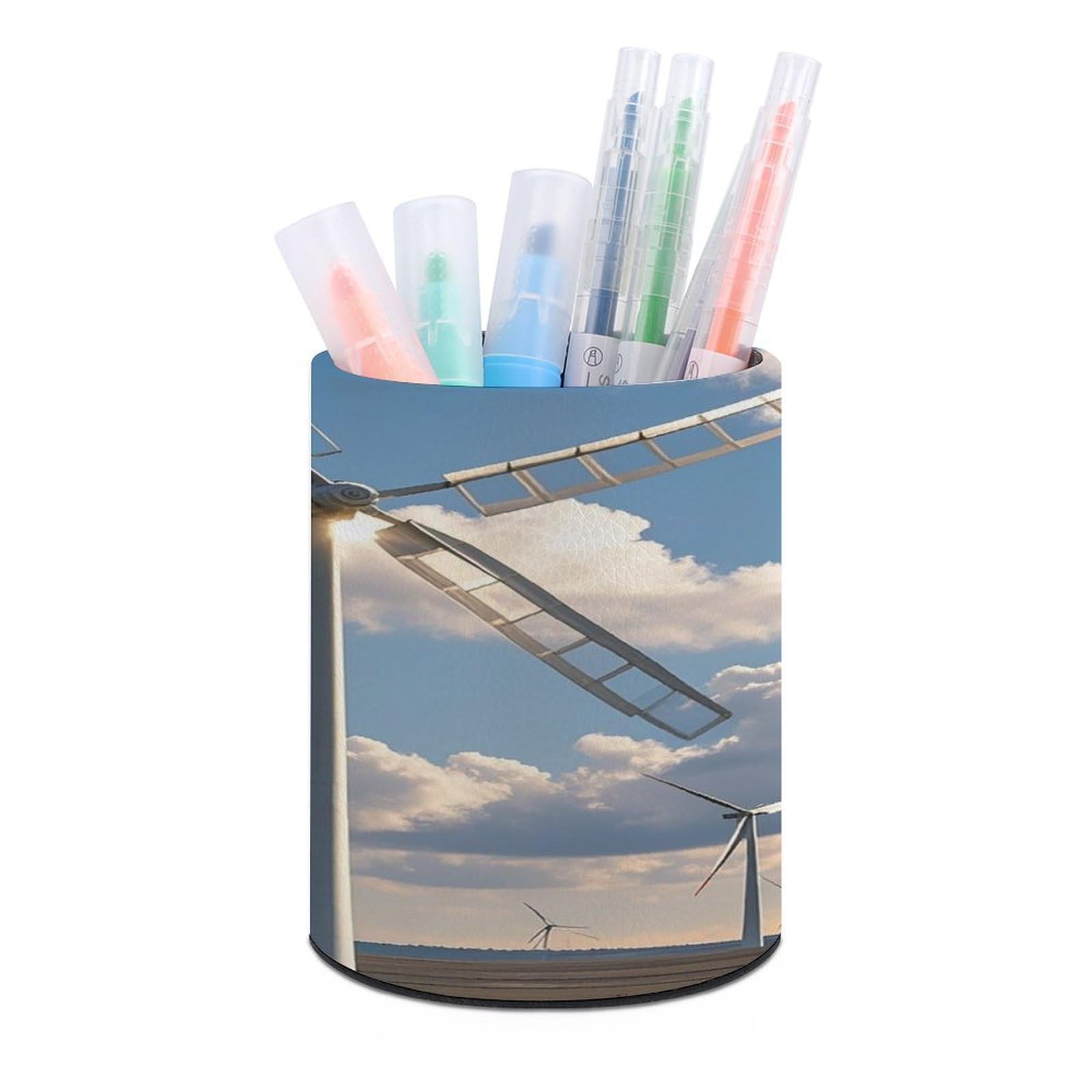 FekiLoot Round Leather Pen Holder - Multipurpose Desk Organizer, Modern Pencil Cup, Windmills Pencil Holder, Unique Makeup Brush Holders for Office Home Supplies & Gifts