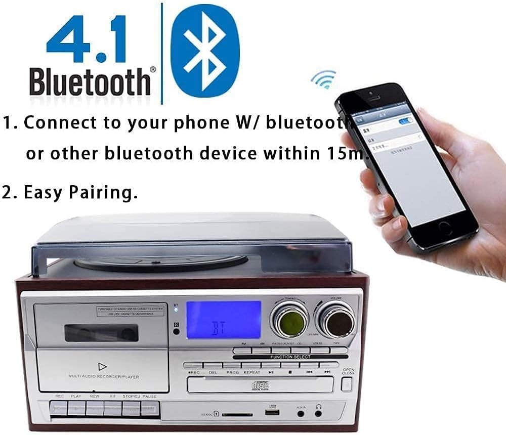 Giradischi, Giradischi in Vinile Bluetooth Giradischi Cassetta CD Radio AM/FM e Ingresso Aux con Porta USB e codifica SD