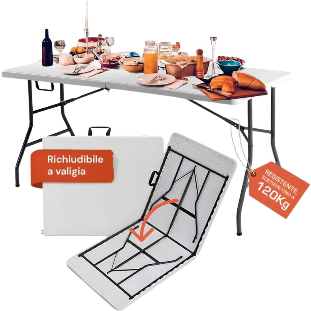 Tavolo Pieghevole Estensibile 180 cm – Bianco | Portata 120 kg | Maniglia Integrata | Chiusura Sicura con Blocco di Sicurezza