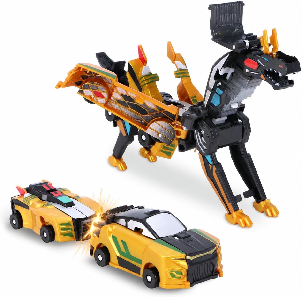 Collision Transforming Dinosaur Car Toy, 2-in-1 Magnetic Cars that Transform into Dino, No Batteries, Portable Travel Toys, Birthday Gifts for 3-12 Year Old Boys(Golden)