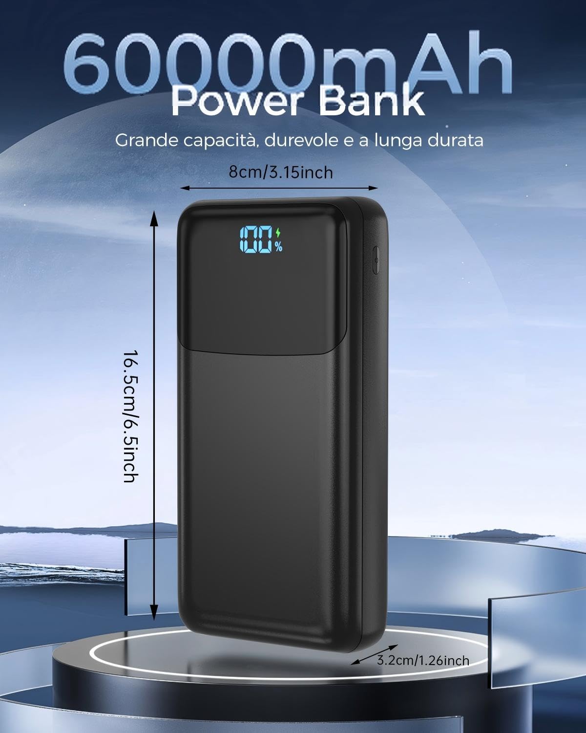 Power Bank 60000mah Caricatore Portatile | PD3.0 QC3.0 Ricarica Rapida, Ingresso e Uscita USB-C, 4 Uscite e 2 Ingressi, Batteria Esterna per iPhone e Altro