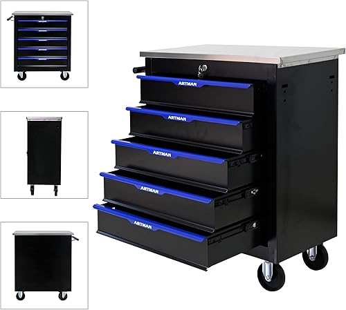 Miniatura 7 de Carrito de herramientas de 5 cajones con ruedas, caja de herramientas multifuncional con cerradura con caja de almacenamiento, cajones para
