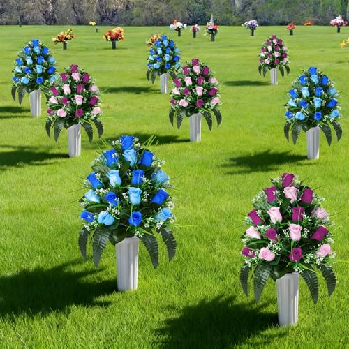 2 Sets Artificial Cemetery Flowers, Grave Decorations Roses, Memorial Flowers Bouquet with Vase for Grave Cemetery Decoration (Dark Blue&Light Blue) image 5