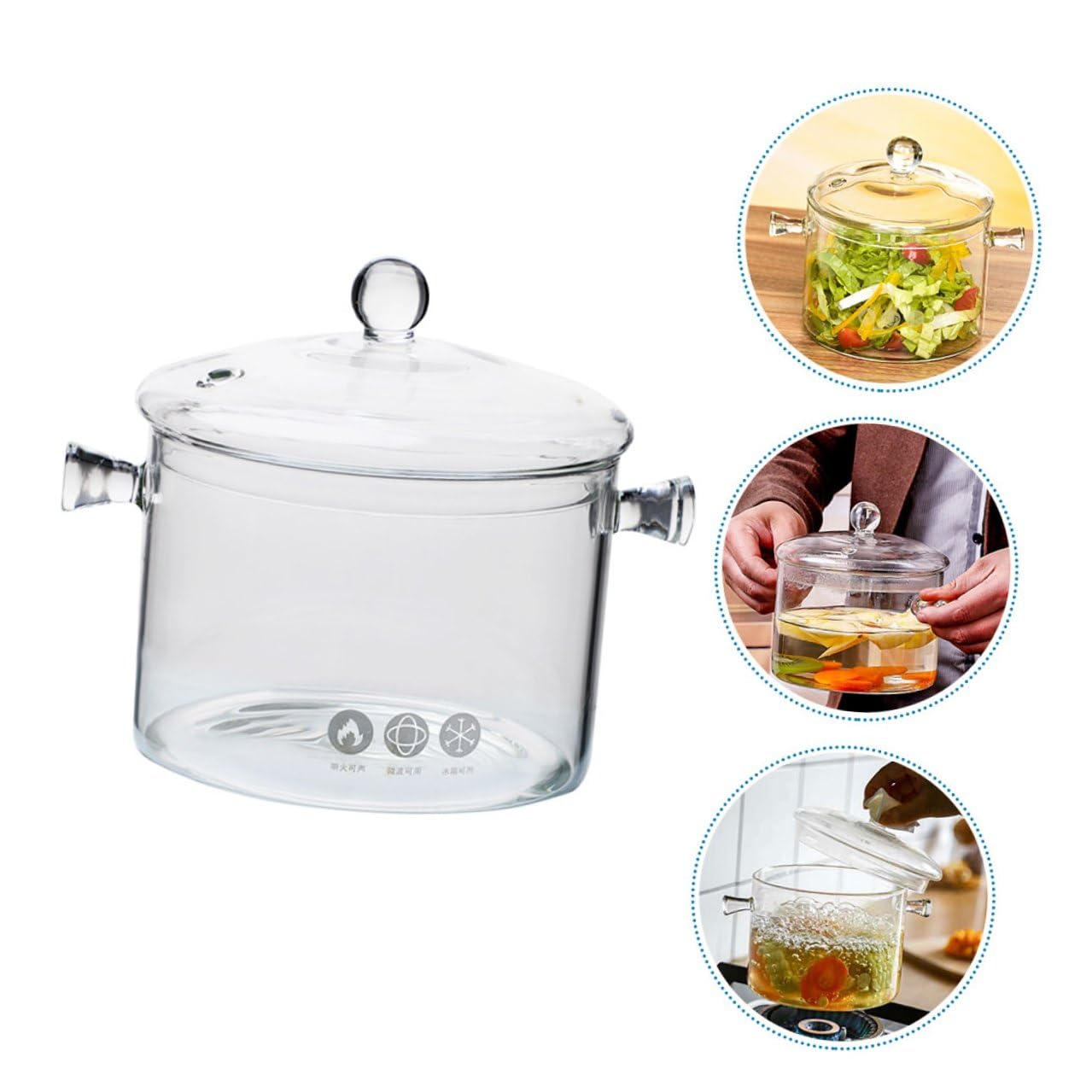 VILLCASE Hitzebeständiger Glas kochtopf mit Deckel und Doppelgriff Transparenter Suppentopf aus Stabilem Glasgeschirr für Vielseitiges Kochen und Einfache Reinigung Mikrowellengeeignet