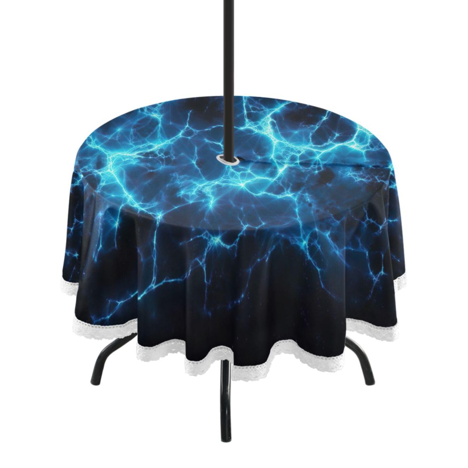 Wajiw 60 Inch Indoor Outdoor Round Tablecloth with Umbrella Hole and Zipper Waterproof Patio Table Cover for Camping Dining Room Party Outdoor Picnic,Blue Lightning