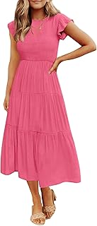 Women's 2025 Summer Casual Flutter Short Sleeve Crew Neck Smocked Elastic Waist Tiered Midi Dress - Buy now