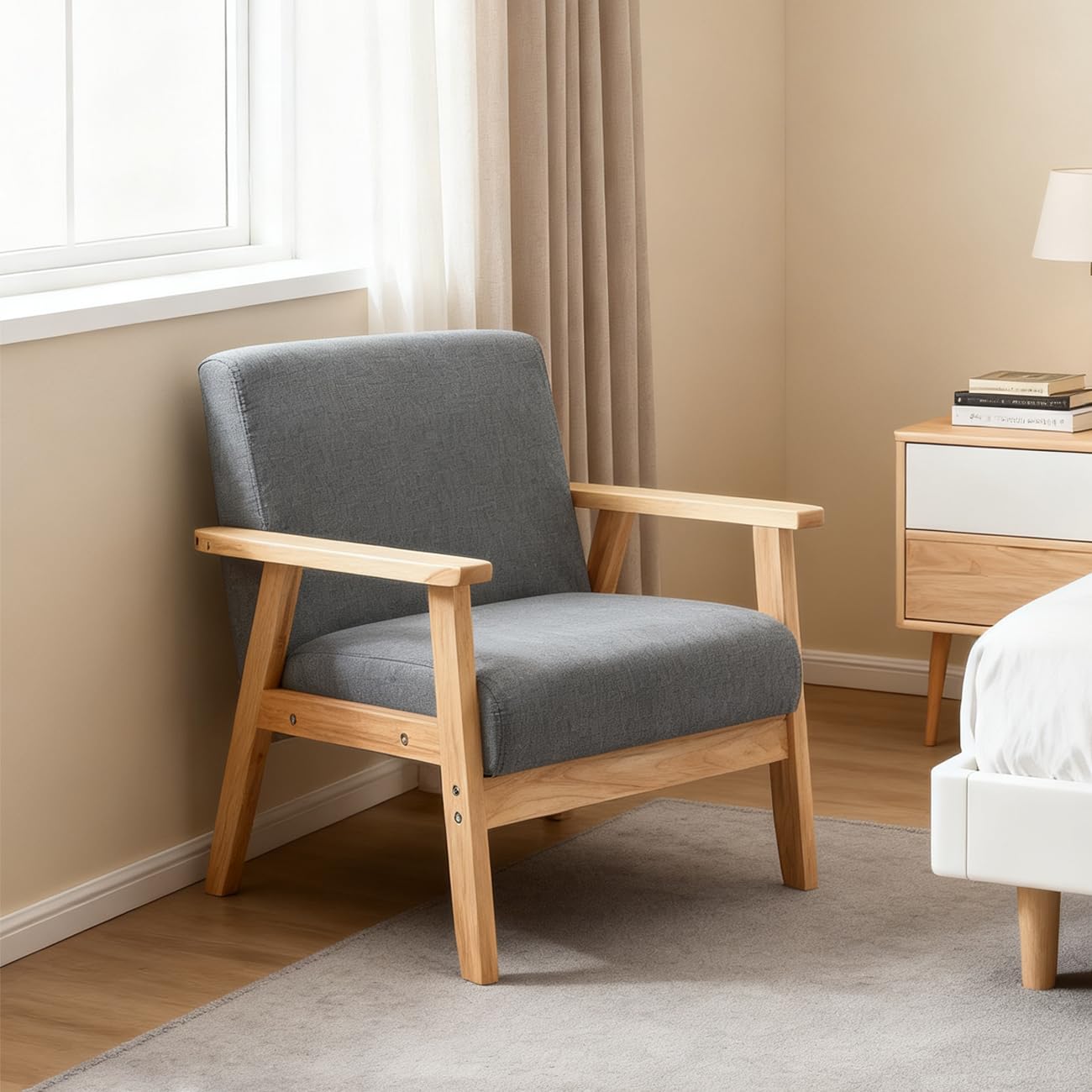 QIHANG-UK Accent Living Room Armchair, Midcentury Leisure Chair with Thick Pad, Lounge Single Sofa Reading Arm Chairs for Bedroom Home Office, Upholstered Comfy Tub Chair with Wood Frame