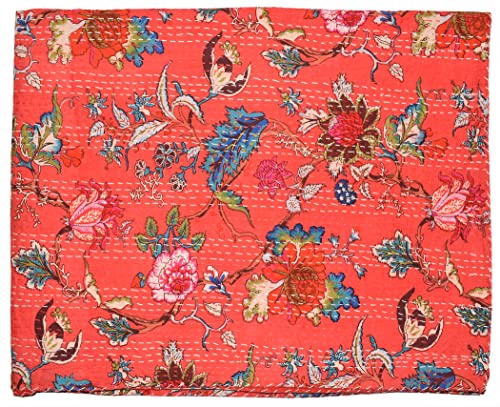 Handicrafts Plus King Size Kantha Quilt New Indian Cotton Gudari Red Color Coverlet Floral Print Bedspread 90x108''