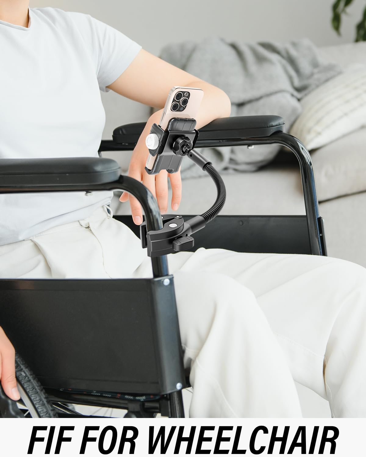Charchendo Rollstuhl- und Kinderwagen-Handyhalterung mit flexiblem Schwanenhals-Arm, sichere, rutschfeste Lenkerhalterungsklemme, passend für 16, 15, 14, 13, 12 Pro Plus Max Mini und 10,2–17,8 cm