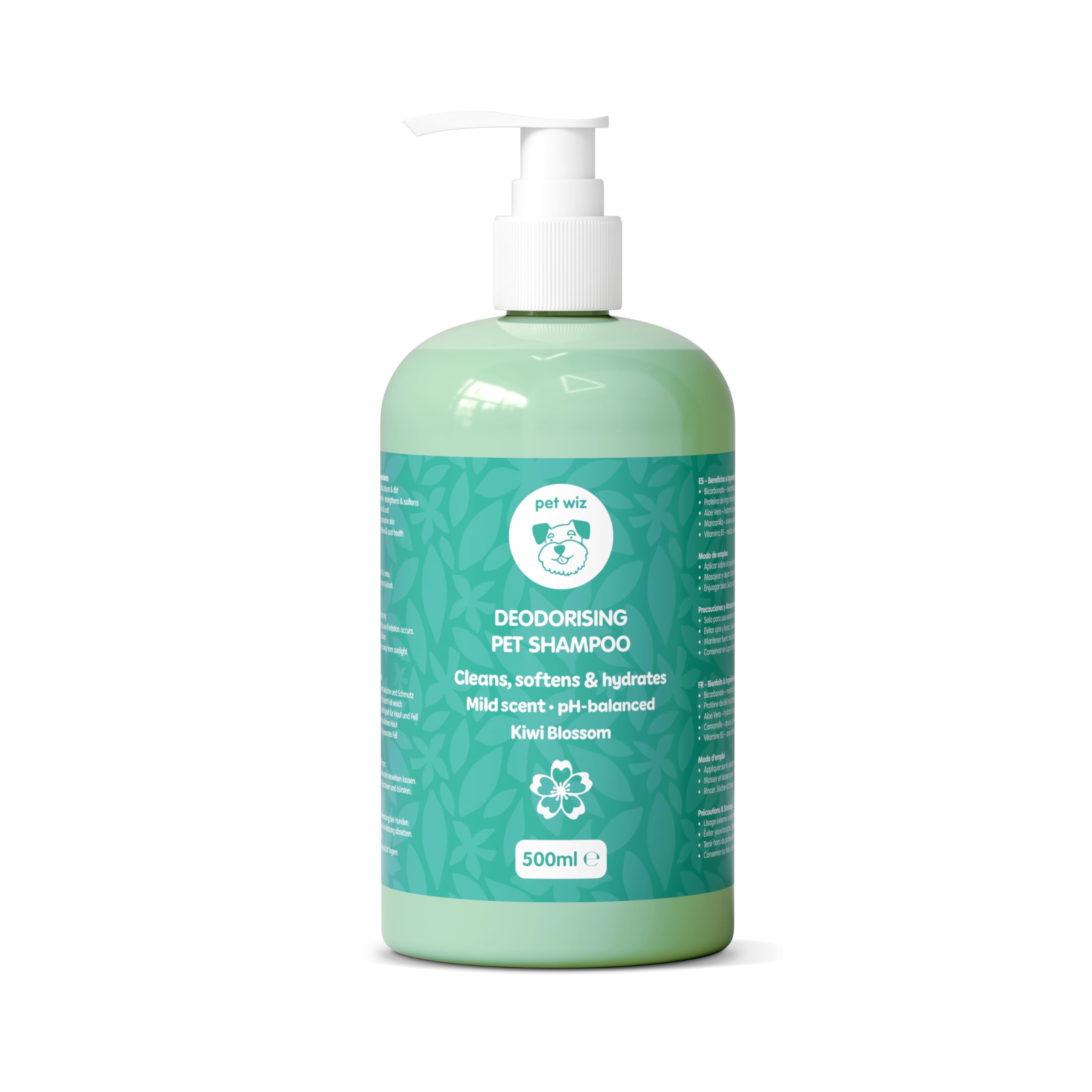 Shampoing Super désodorisant pour Animaux à la Fleur de Kiwi | Nettoie, nourrit, désodorise et protège la Peau | avec Bicarbonate de soude, extrait de Camomille et Vitamine B5, 500 ML