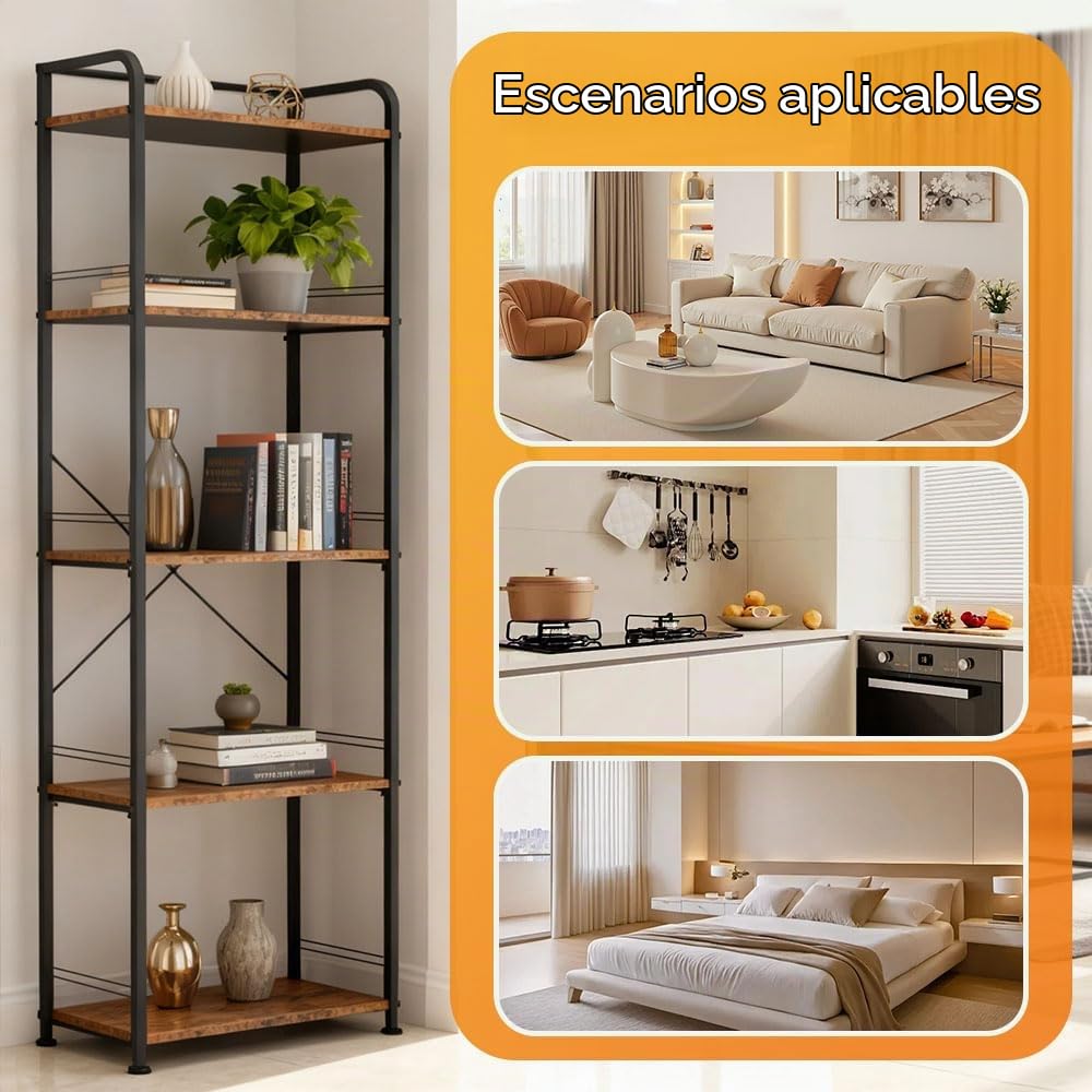 Estantería Industrial de 5 Niveles con Estantes de Madera | Marco Metálico Negro, 151 × 43 × 28 cm, Capacidad de 110 lb, Ideal para Salón, Oficina o Dormitorio