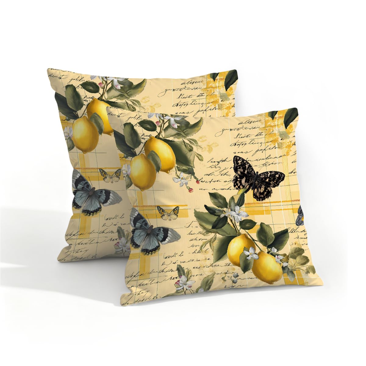 Outdoor Pillow Covers Waterproof Pillowcases 16x16in Set of 2 Butterfly Lemons On Yellow Letter Decorative Throw Cushion Case for Couch Sofa Garden Patio Furniture