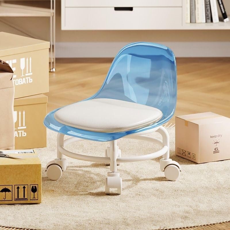 背もたれ付きローリングプーリースツール、回転スツールチェア、回転、ホイール付き小型ローラー、家庭用、オフィス用(Blue T)