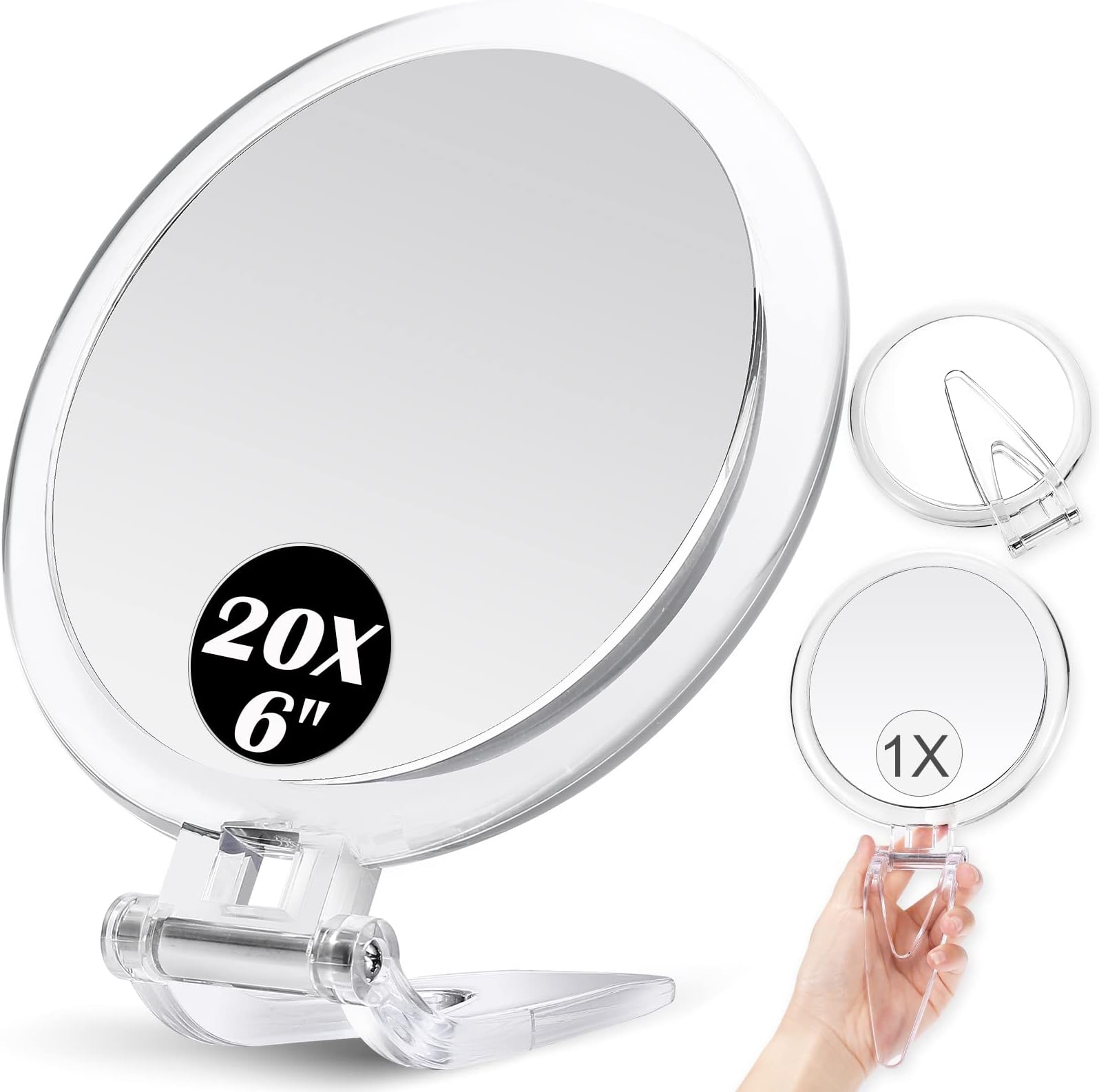MIYADIVA Handheld Mirror 20x Magnifying Mirror with Folding Handle, Portable Hand Mirror with Magnification for Makeup/Travel, Double Sided, Round, 6"