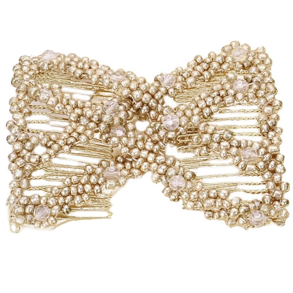 Wudaizhi Women's Rose Gold Pearl Beaded Hair Comb Set | Elegant Elastic Hair Claws & Magic Bun Maker | Hair Accessories
