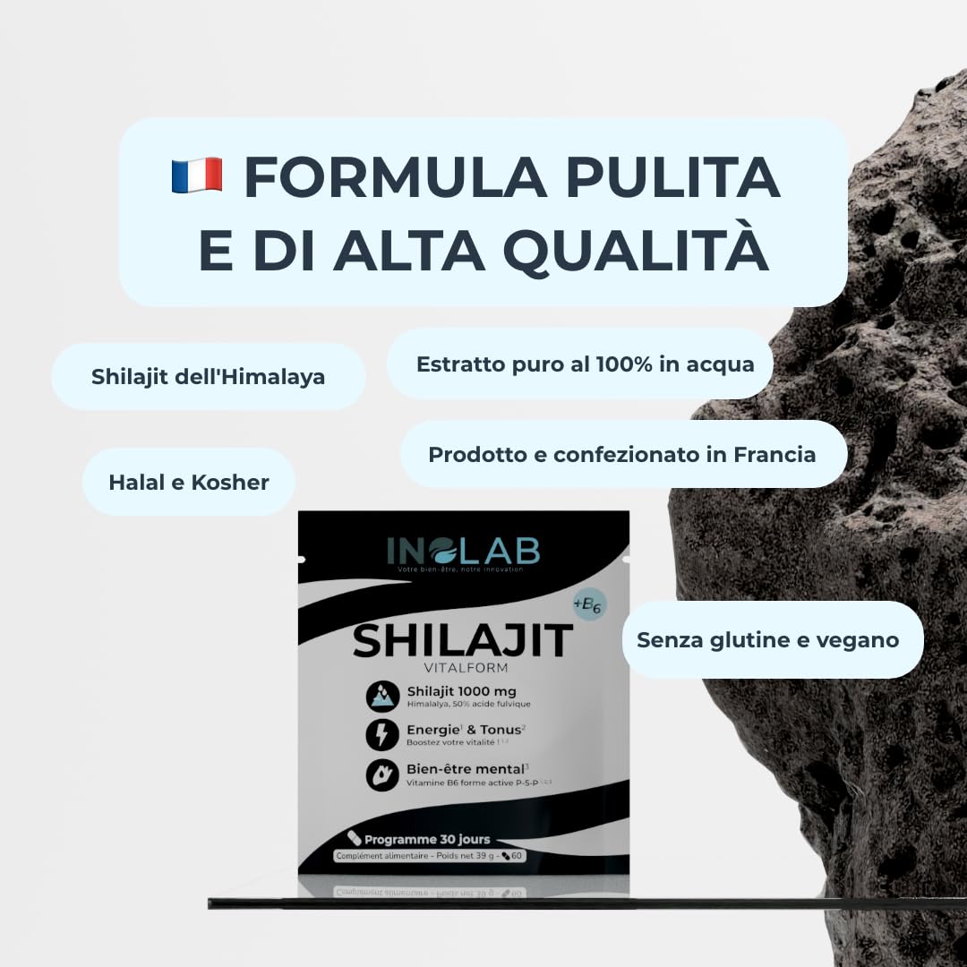 INOLAB Shilajit Puro Originale Himalaya | Titolato al 50% in Acido Fulvico I Integratore per Energia, Equilibrio ormonale, Vitalità maschile e Benessere Mentale I Shilajit Mumijo Capsule Vegan