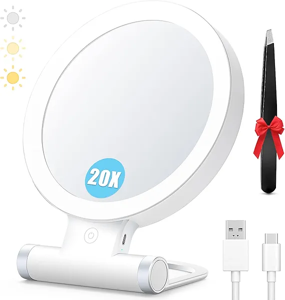 MIYADIVA 20X Magnifying Mirror with Light, Travel Magnifying Mirror, 1X/20X Vanity Mirror with Light, Adjustable Handle Travel Makeup Mirror, Touch Switch Light up Mirror for Plucking Eyebrows