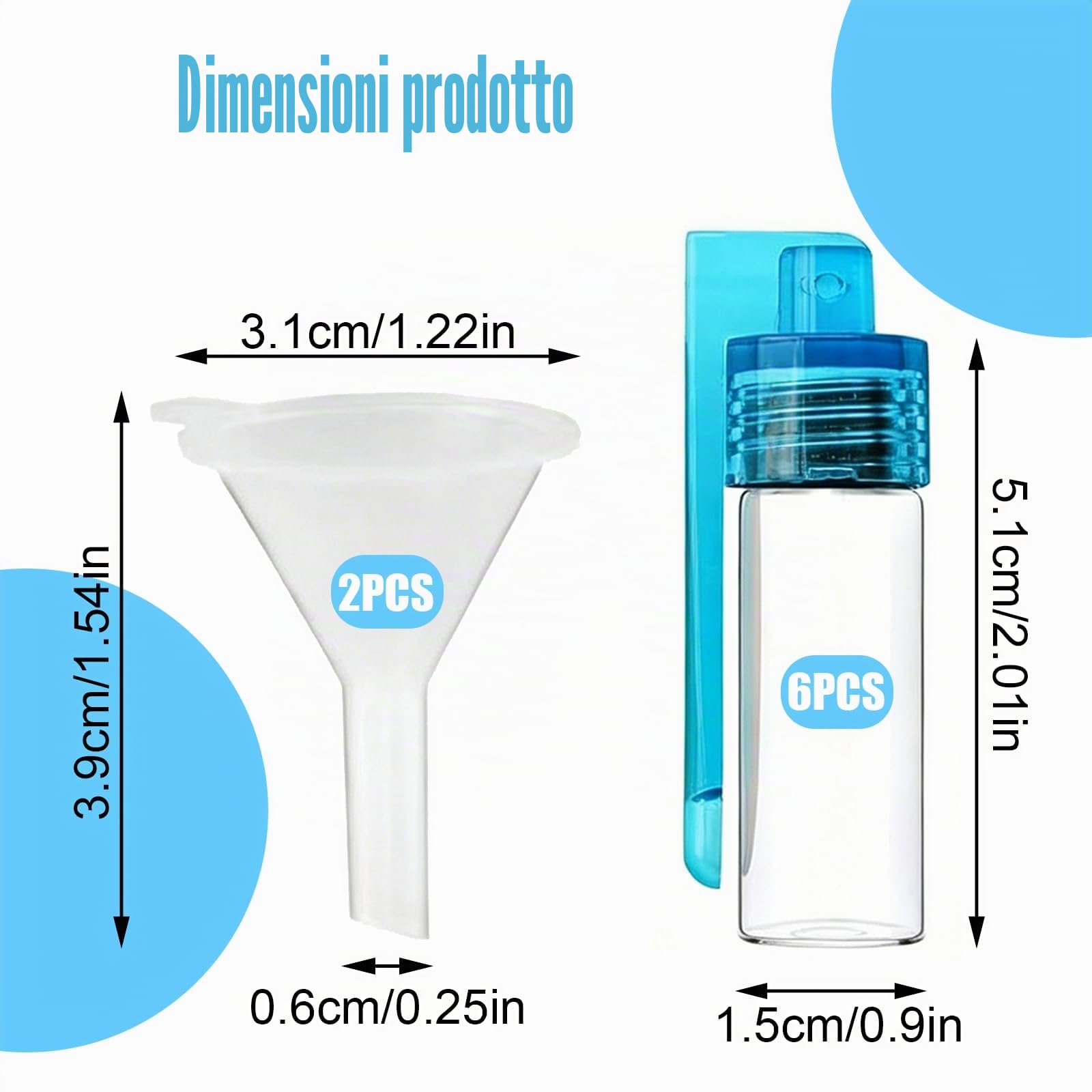 Barattoli Spezie Vetro 51ml, Barattoli per Spezie in Vetro, Set da 6 con Coperchio e Cucchiaio Dosatore, 2 Mini Imbuti, Contenitori Ermetici per Polvere, Snus, per Cucina, Campeggio e Viaggi