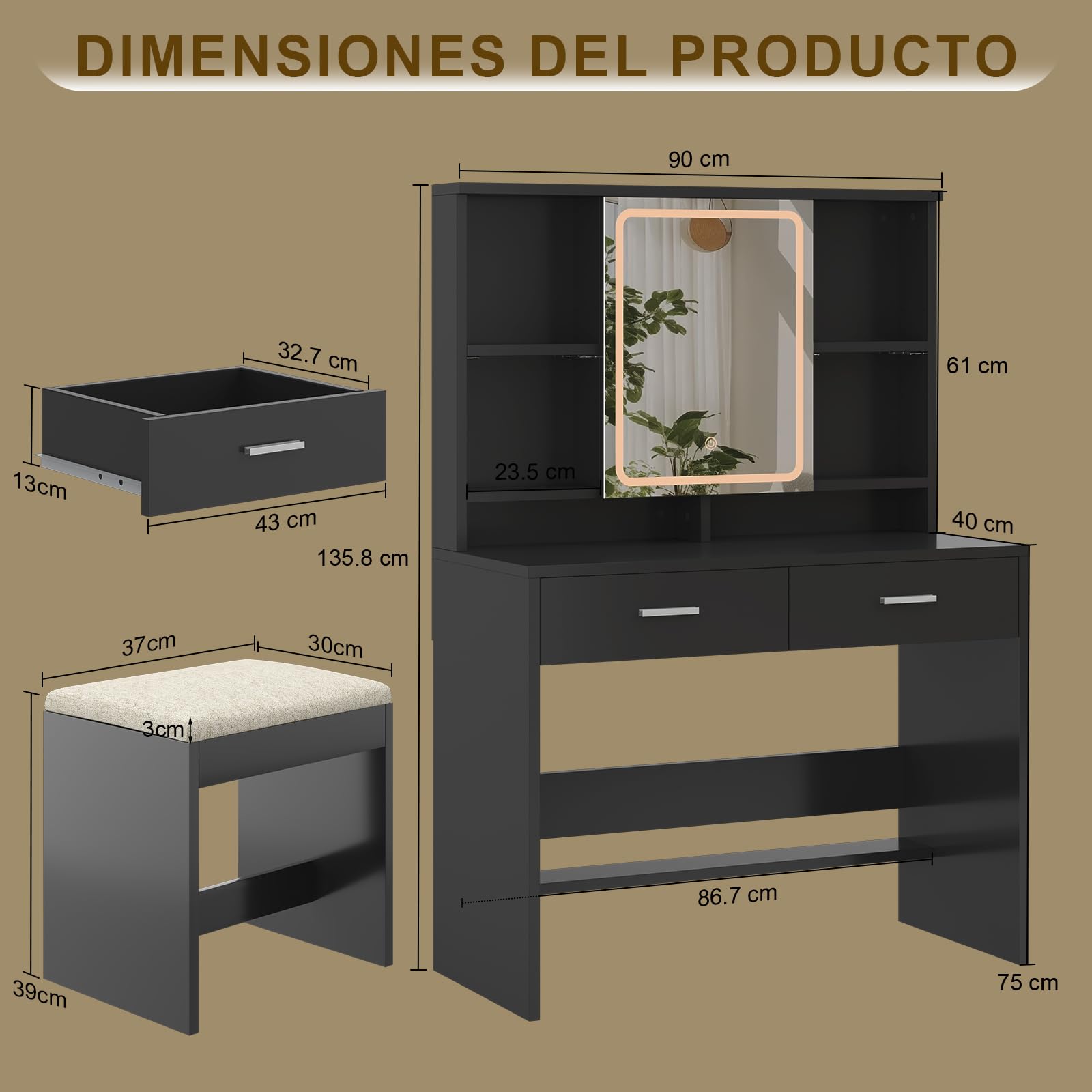 Airfish Tocador de Maquillaje con Luces LED de 3 Colores con Taburete, Brillo Ajustable, Mesa de Maquillaje con Espacio para Joyas, Estantes Ajustables,2 Cajones, Estilo Moderno, Negro
