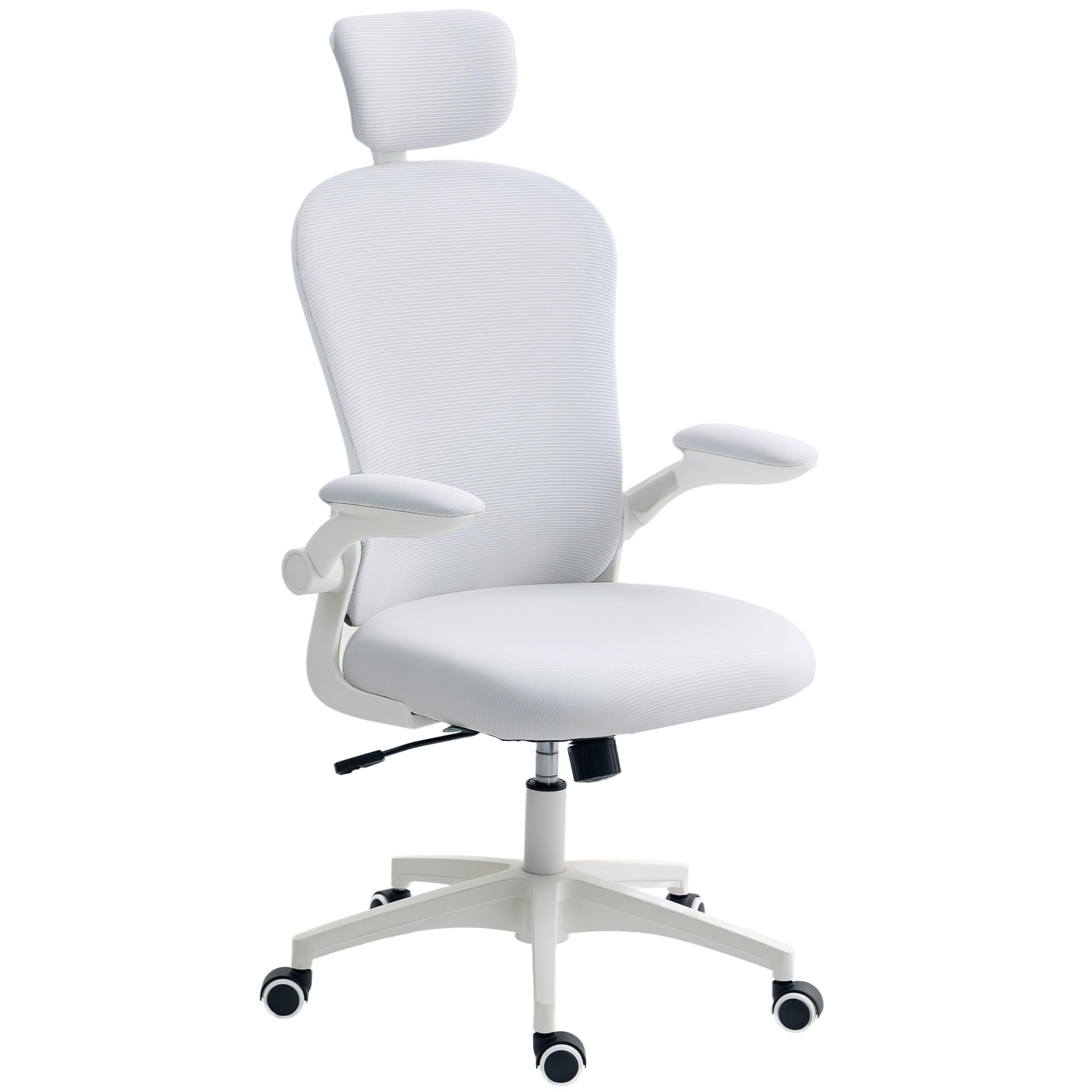 Vinsetto Silla de Oficina con Respaldo Alto, Silla de Malla para Ordenador con Reposacabezas Giratorio, Apoyo Lumbar 4D, Brazo Abatible, Altura Ajustable, Blanco