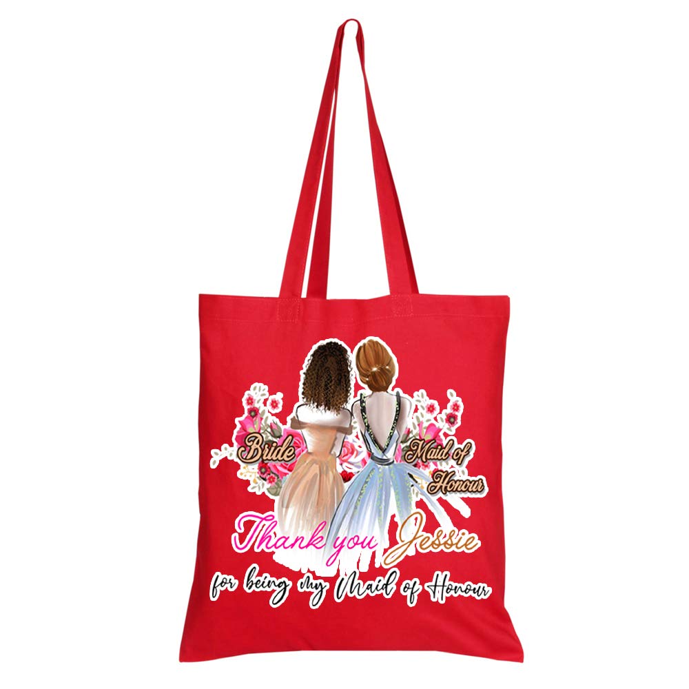 Personalised Wedding gift idea Thank You For Being My Maid Of Honour themed Funny Tote Bag-Cotton Shopping Bag. (Full Red)