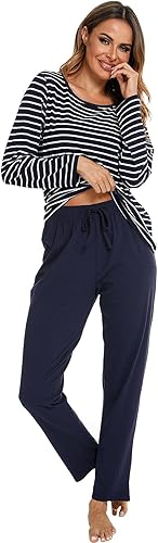 Miniatura 4 de Pijamas de algodón para mujer, ropa de dormir de manga larga con pantalones, suave y cómoda a rayas, conjunto de pijama para mujer