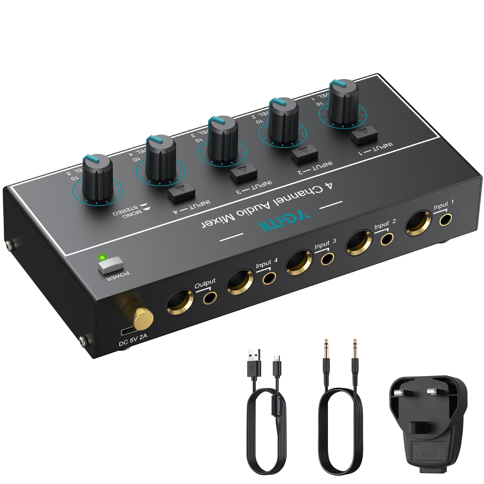 YGiTK Mini Audio Mixer, 4 Channel Stereo Line Mixer 1/4" & 1/8" TSR Audio Output Input Jack