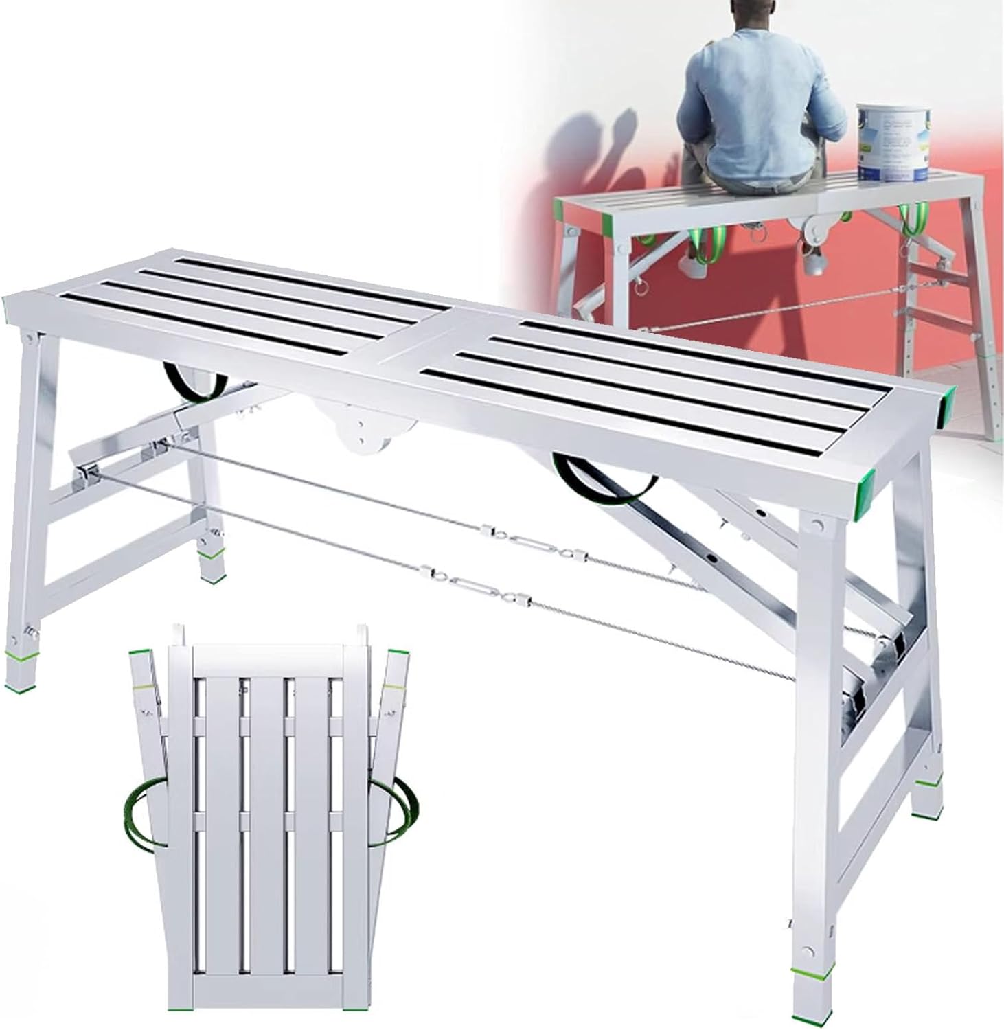 Multi-Purpose Work Platform, Foldable, Ladder Tower, Adjustable Height, Heavy Duty Galvanized Steel Bench, Portable Scaffolding Equipment, 160 x 40 cm