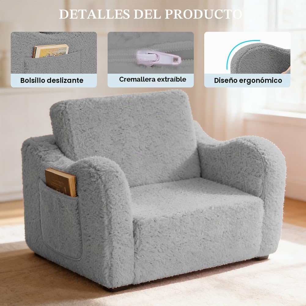 Sofá infantil desplegable, 2 en 1, sillón para niños a partir de 1 año y sofá infantil con funda extraíble – Rincón acogedor para dormitorio infantil, suave y seguro para niñas y niños (Gris)
