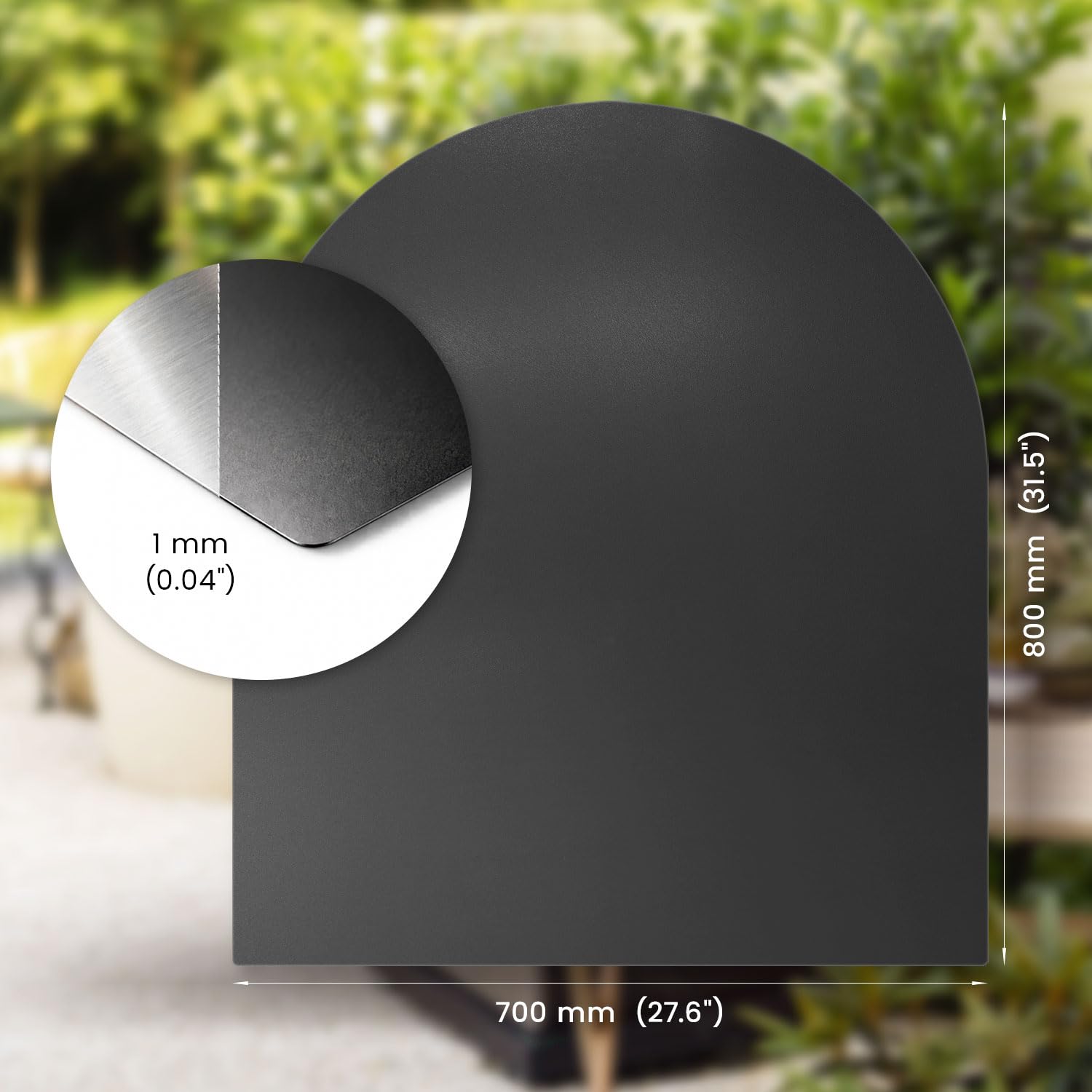 Pedana Salvapavimento ad Arco 80x70 cm | Protezione da Esterno contro Scintille & Braci | Piastra di Base per Griglia & BBQ | Nero Opaco - In Acciaio Verniciato a Polvere