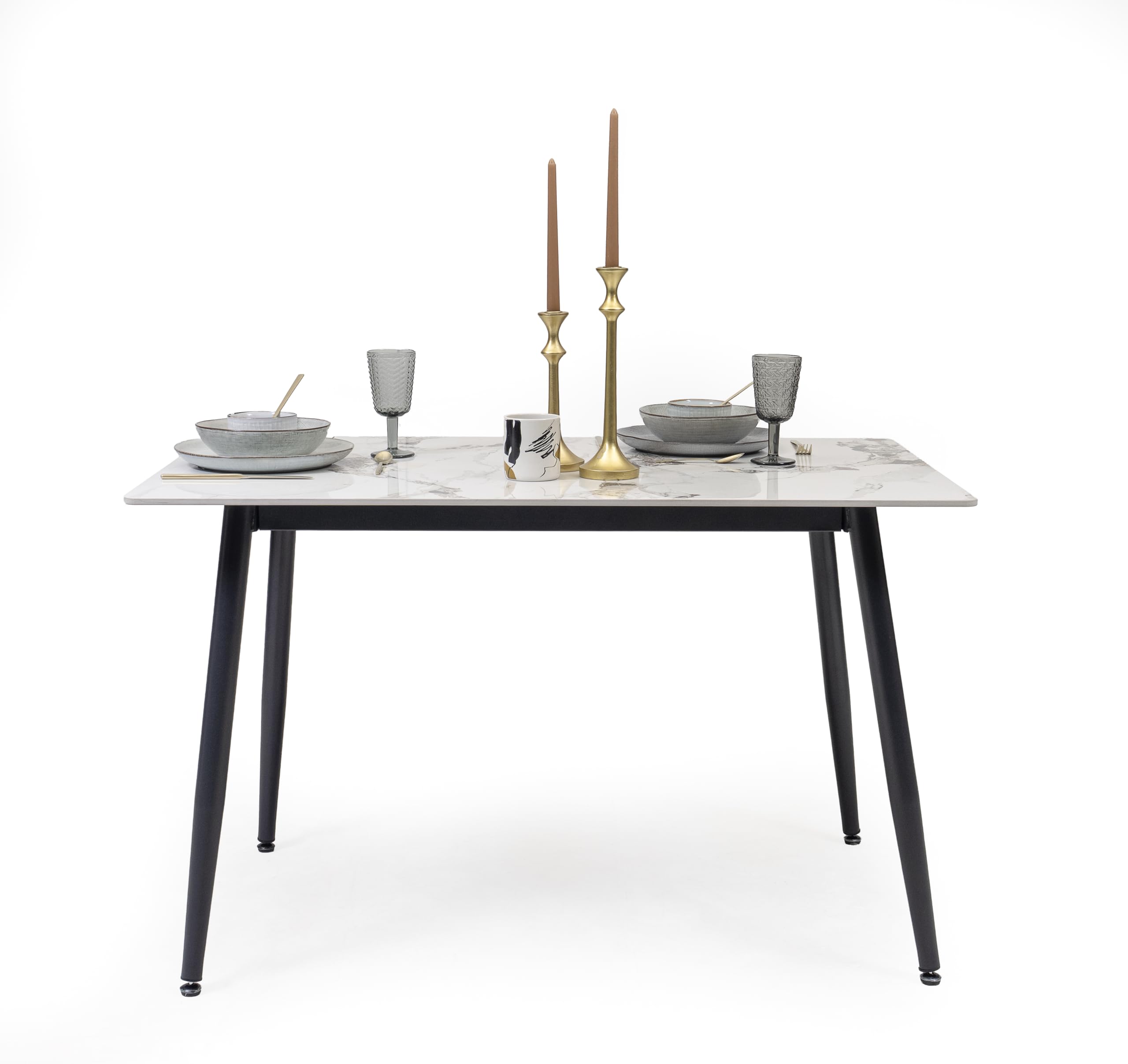 Homely® | Mesa de Comedor Cairo PK 120x70 cm. Tapa Porcelánico | Acabado Efecto Mármol Calacatta Gold | Patas Metálicas Negras | Mesa cerámica Cocina, Comedor, Escritorio (Blanco-Gold)