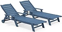 SERWALL Set of 2 Patio Chaise Lounge Chairs, 78" Adjustable HDPE Pool Loungers with Wheels & Cup Holder, Blue All-Weather Outdoor Relaxation