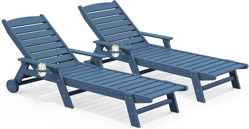 HDPE Outdoor Lounge Chair Set of 2 with Cup Holder, Blue | with 5 Position Adjustable Backrest & Rolling Wheels