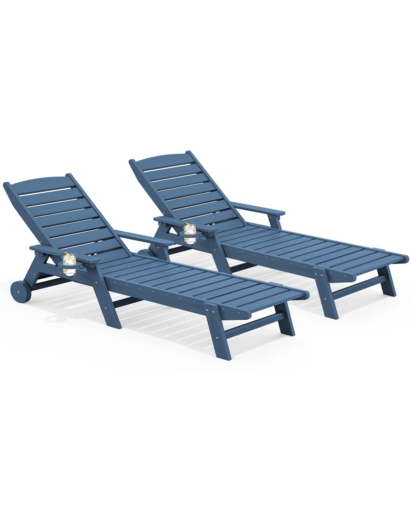 SERWALL Patio Chaise Lounge Chair Set of 2, 78'' Long 5-Positions Adjustable HDPE Outdoor Lounger for Pool, Poly Lounge Chair with Rolling Wheels & Cup Holder for Poolside, Deck, Blue