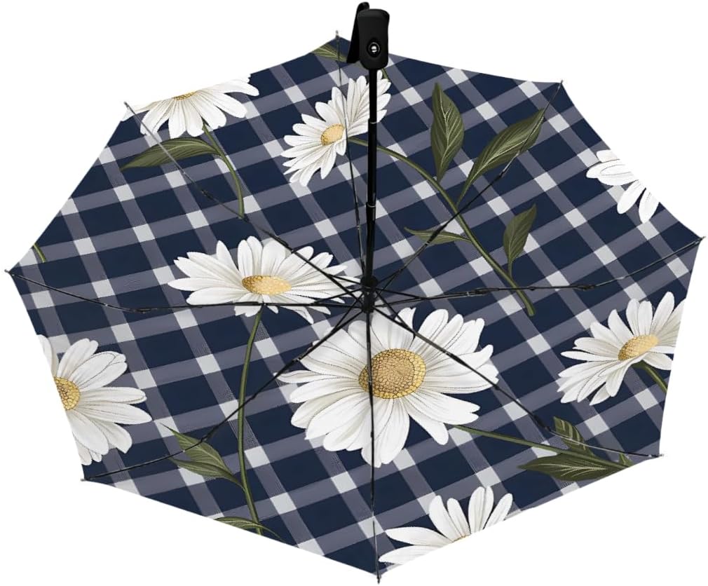Floral Daisies Plaid Check Folding Umbrella Windproof Compact Lightweight Travel Umbrella with 8 Reinforced Ribs, Portable UV Sun & Rain Protection for Men & Women