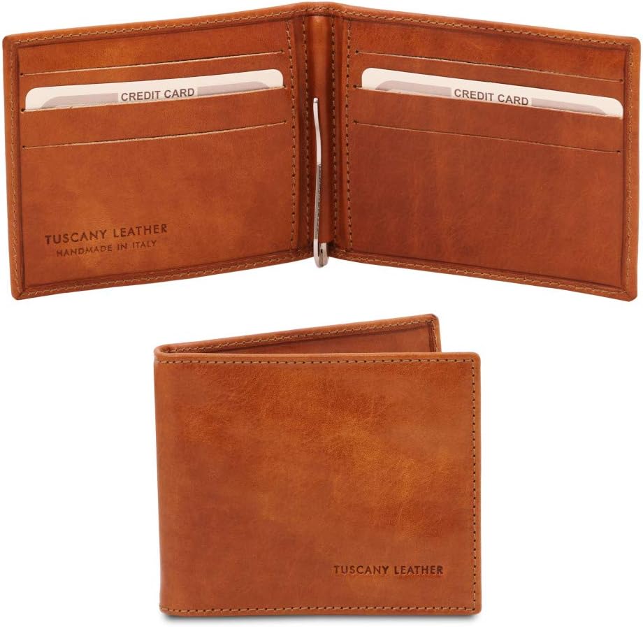 Portacarte In Pelle Tuscany Leather Con Fermasoldi: Misure 10x8,5x1,5 Cm, Pelle Pieno Fiore, Made In Italy, Nero