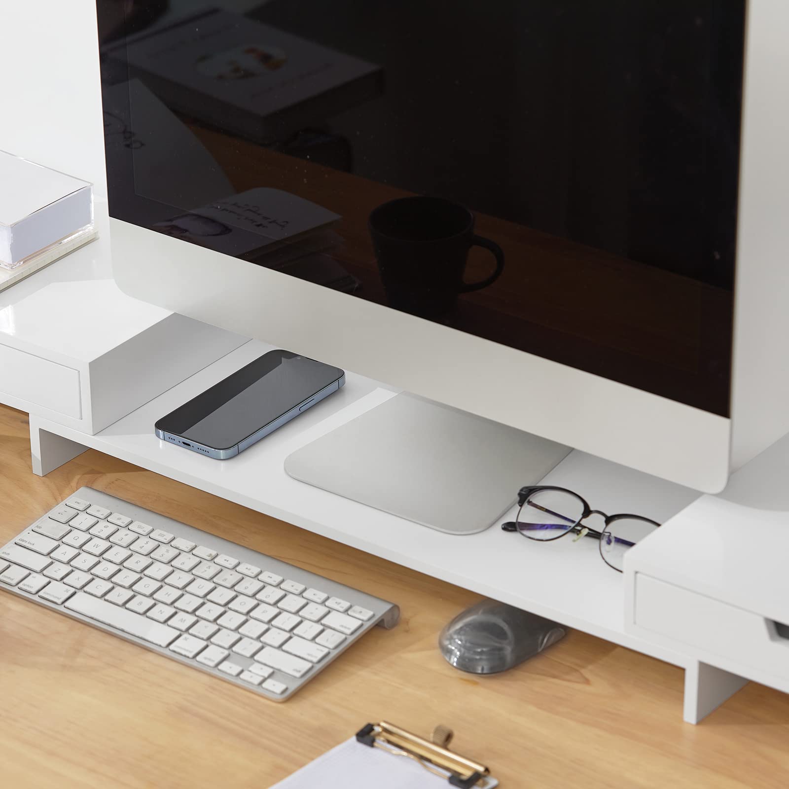 SoBuy Supporto Monitor Scrivania Rialzo Monitor da Scrivania Regolabile con 2 Cassetti Supporto PC Portatile Laptop Stand da Ufficio Bianco 60–107x22x11cm BBF04-W