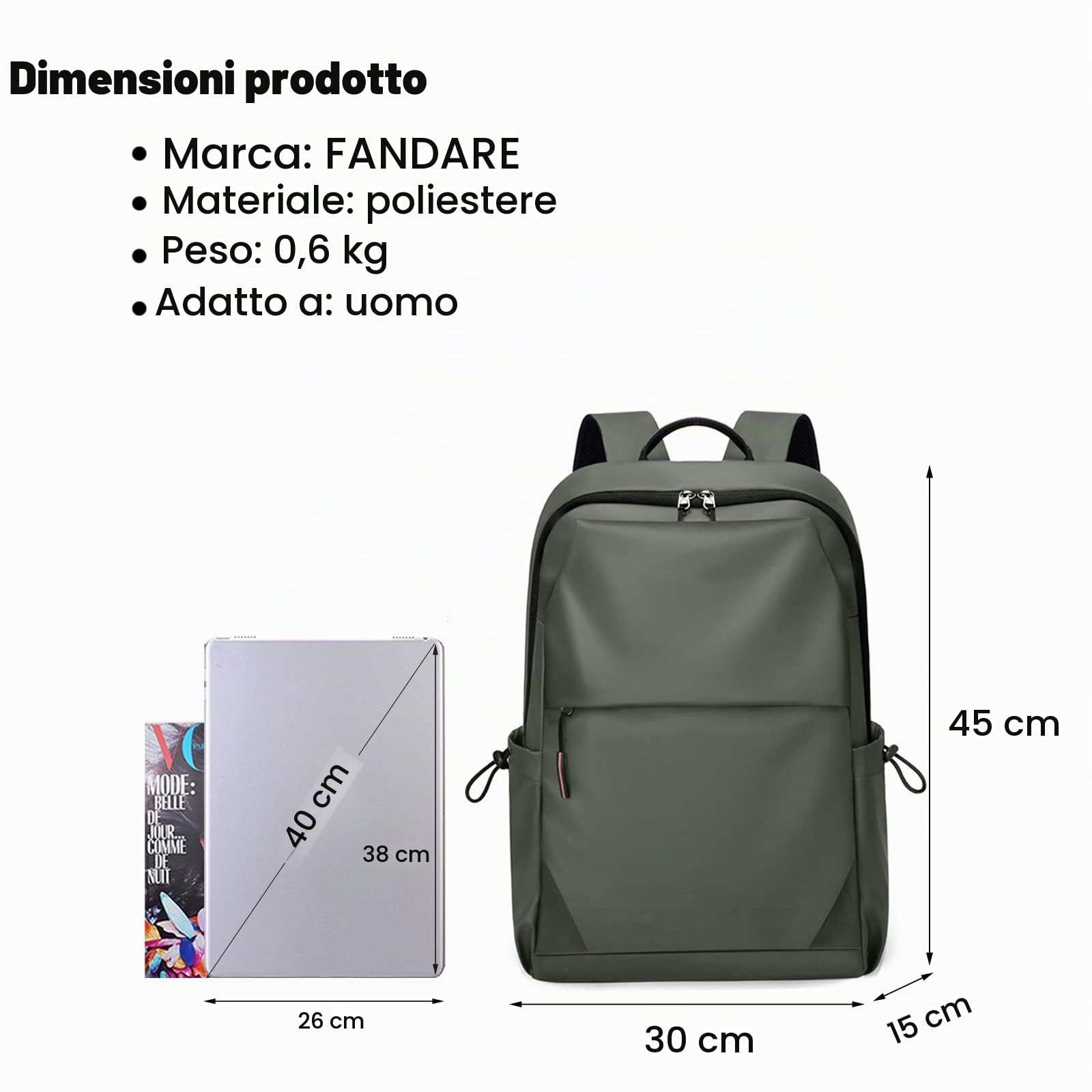 FANDARE Zaino Casual Uomo per Attività Commerciale e Scuola - Ultraleggero, Borsa a Tracolla, PC Zainetto Verde