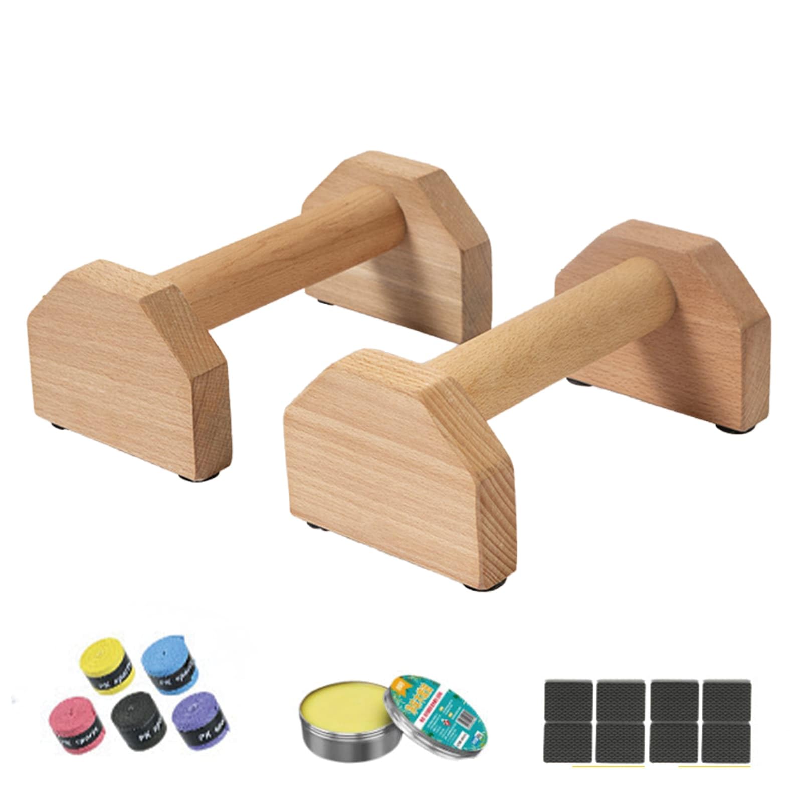 2PCS 25cm Fitness Push Up Poles With 2 Anti Slip Handle Stickers, 8 Anti Slip Stickers, 1 Box of Wood Wax Oil, Wooden Stand, And Single, Double Bar Inverted Bracket for Fitness, Gymnastics, Handstand