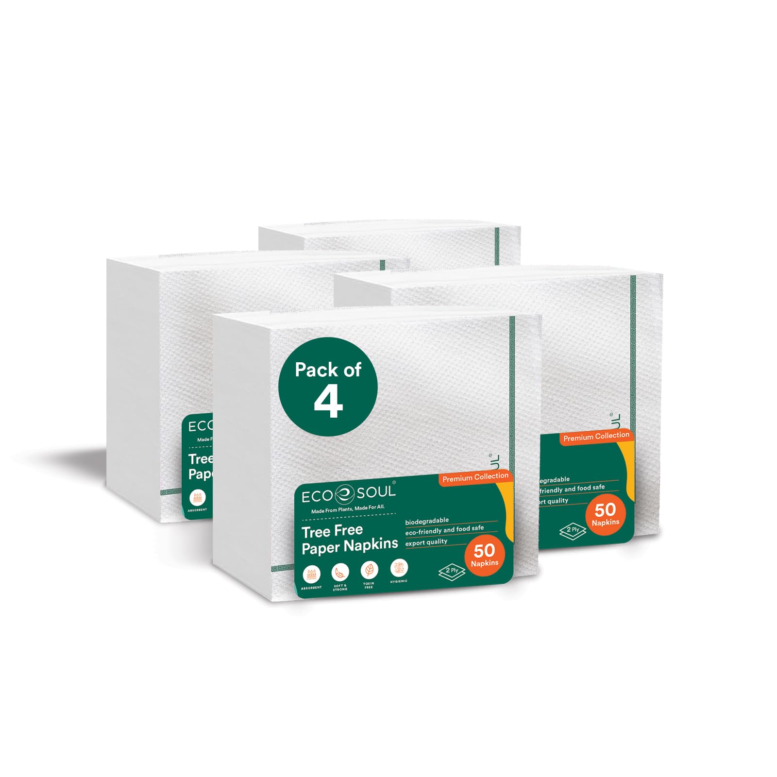 ECO SOUL [2 Ply, 200 Count] Premium Paper Napkin Pack of 4 (50 Pulls Per Pack) Eco Friendly Disposable Tissue Paper, Biodegradable Everyday Hand Paper Napkin