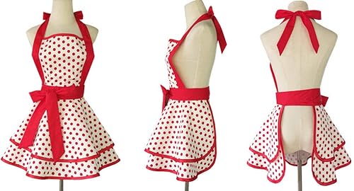Miniatura 4 de Hyzrz Delantales retro de algodón hechos a mano para mujeres y niñas, delantal de cocina para tartas, cocina, regalo de madre (lunares rojos)