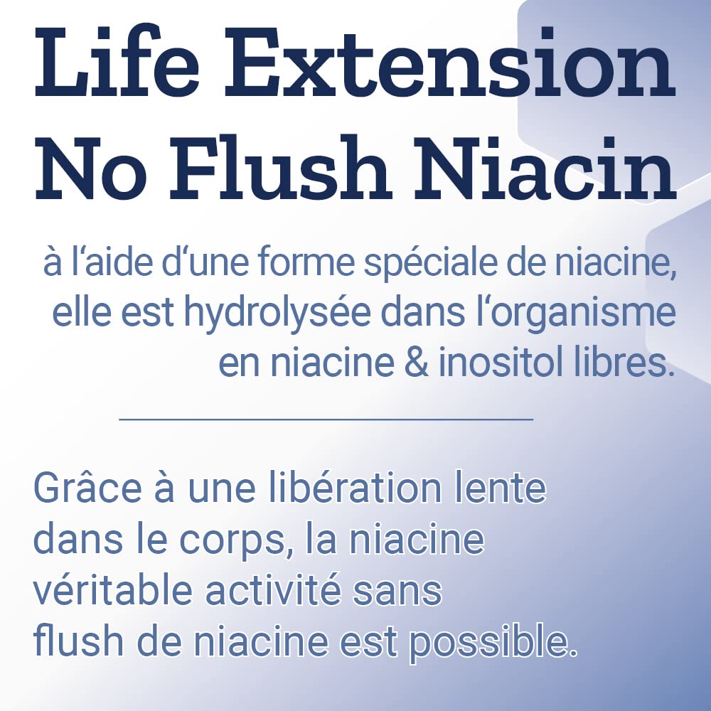 Life Extension, No-Flush Niacin (Vitamine B3 Sans Flush), Hautement Dosé, 100 Capsules, Testé en laboratoire, Sans Gluten, Sans Soja, Sans OGM