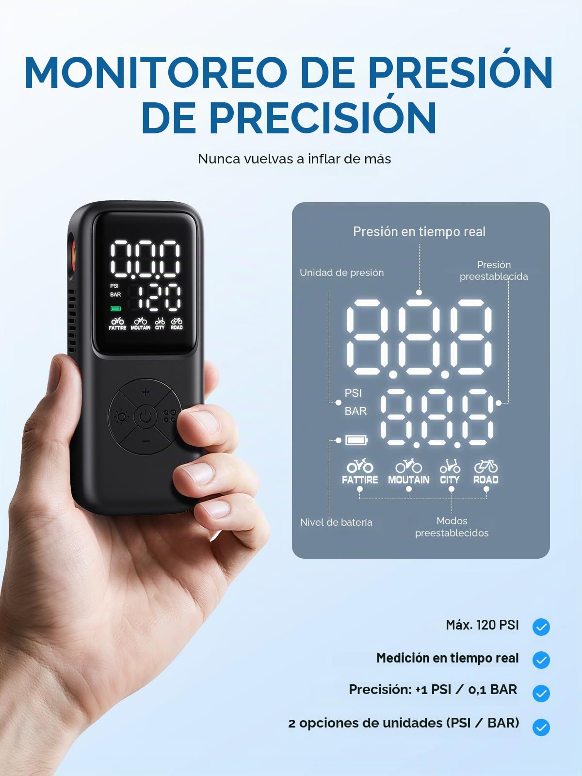 GPUTEK Mini Bomba Eléctrica de Bicicleta, 120 PSI con manómetro y 5 Modos preestablecidos para Schrader y Presta Valve Bike Pump para Carretera, montaña, Bicicleta de Ciudad y neumáticos de Grasa