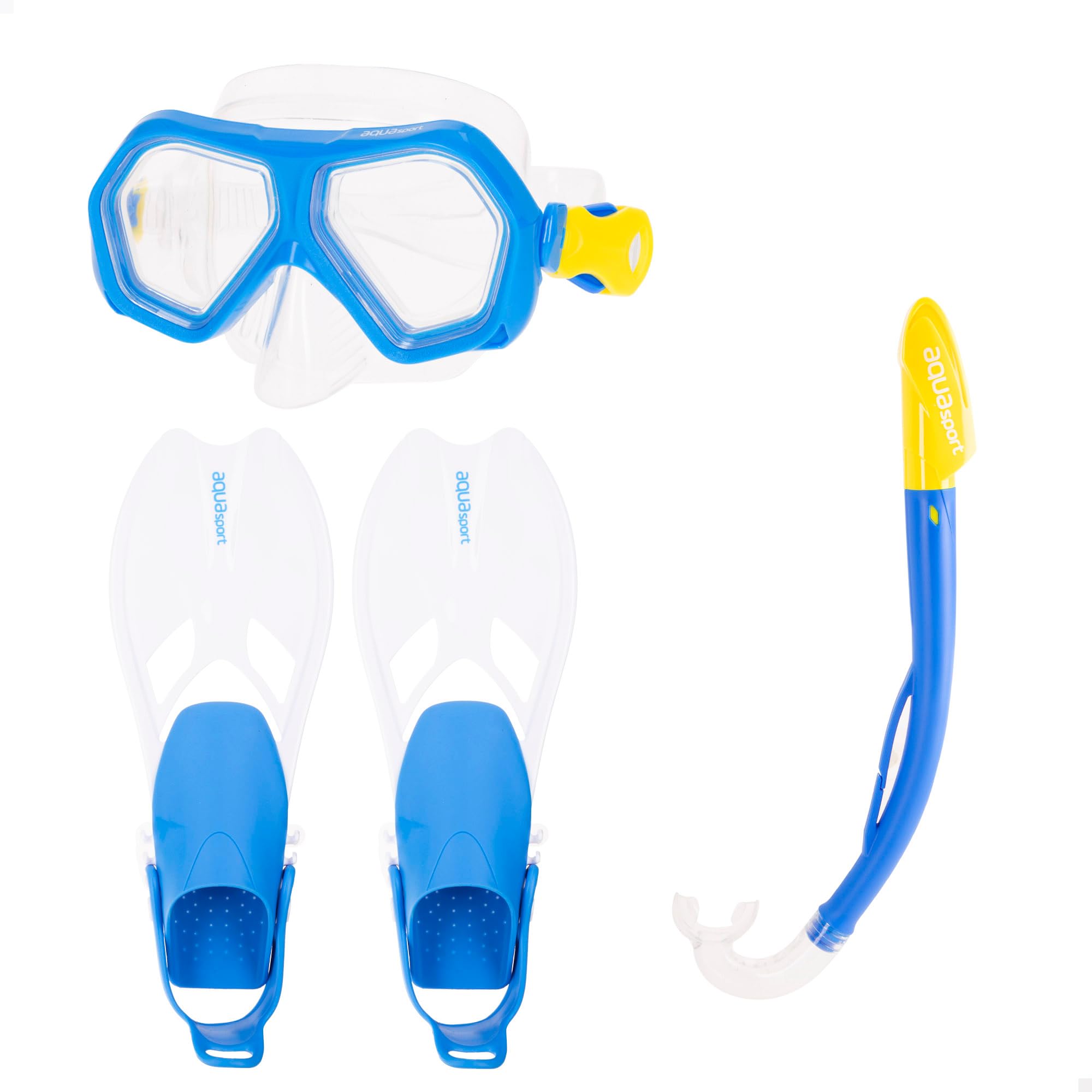 AKTIVE Aqua Sport Kit Snorkel niño, Gafas de bucear, Aletas, Tubo de Buceo, Libre de látex, Máscara Ajustable, Red Transporte, 7 años